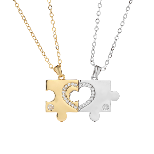 Silver & gold puzzle couple necklace