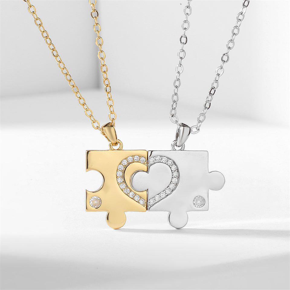 Silver & gold puzzle couple necklace