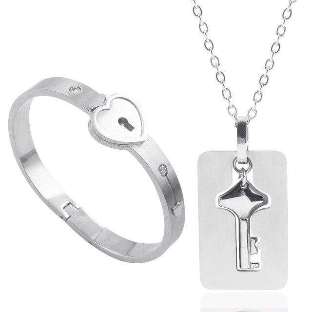 Lock Bracelet and Key Necklace for Couples His and Hers Necklaces