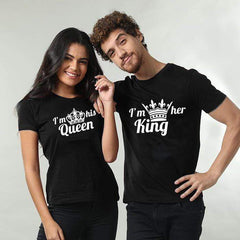 T-Shirts Couple Assortis King & Queen - Noir - Impression Avant Et Manches - Lot De 2 Pour Lui Et Elle