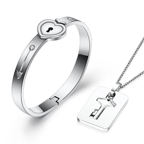 Heart Lock Bracelet &amp; Key Necklace Set