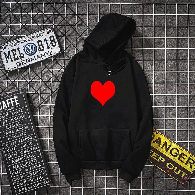 Black hoodie with red heart best sale